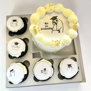 Mini Bento (Choc/Vanilla) White, Black & Gold Set “Not Me Graduation”