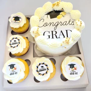 Mini Bento (Choc/Vanilla) White, Black & Gold Set “Congrats GRAD”