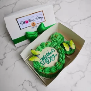 Mother’s Day mini bento cake box with green cake, cupcakes and butterfly decorations in gift box