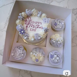 Mother’s Day mini bento cake set with cupcakes in pastel purple and white gift box